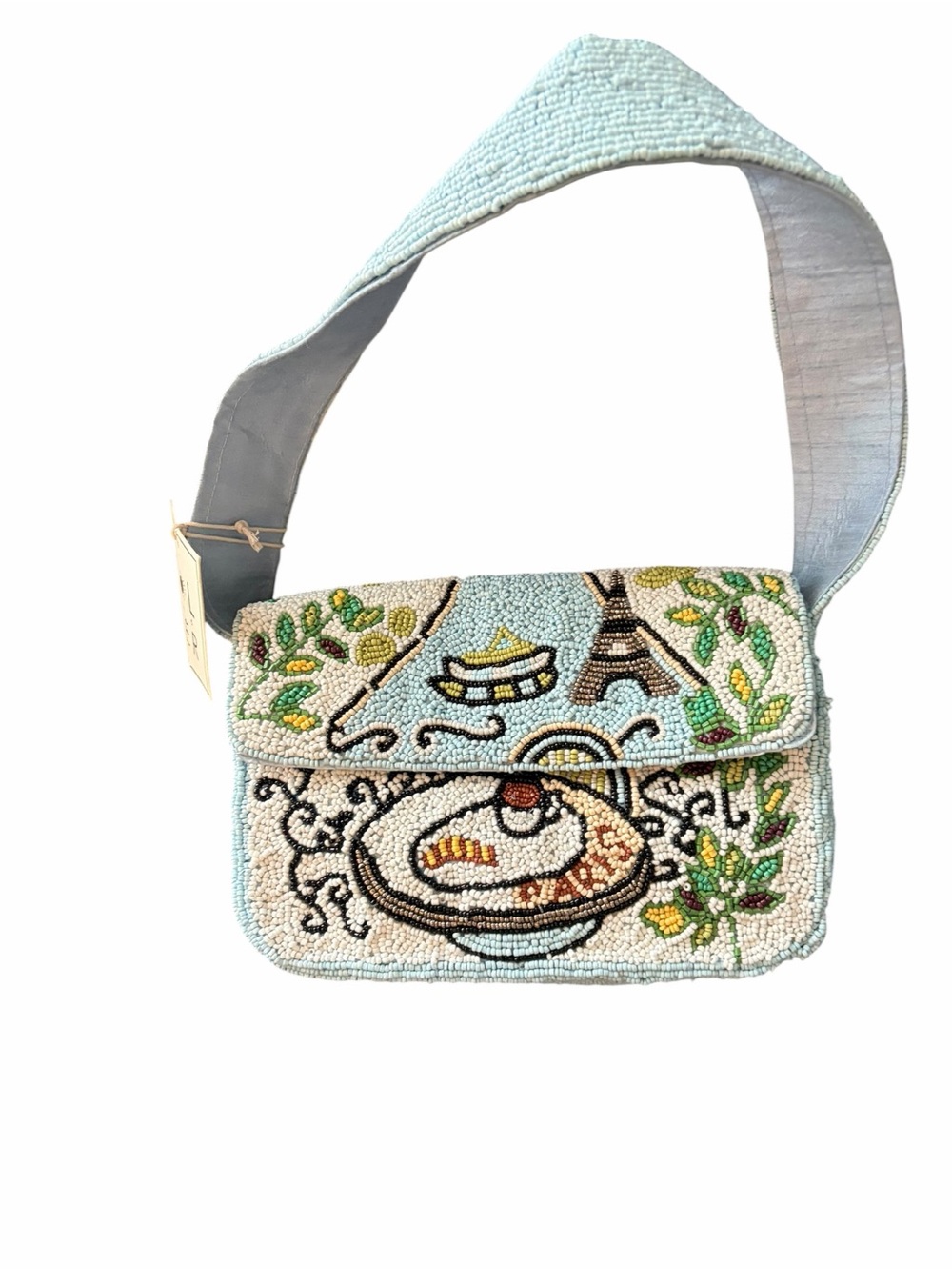 Sol and Mer Brand Beaded Light Blue Shoulder Bag with Paris Motif
